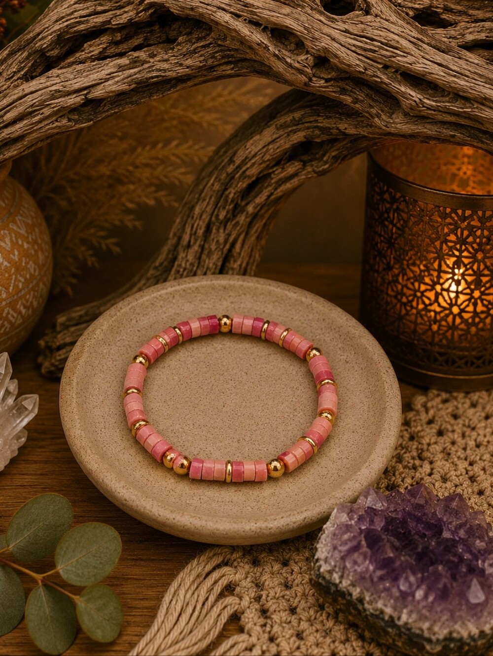 Petrified Rhodonite Bracelet, Pink Gemstone Stretch Bracelet, Boho Jewelry